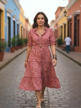 Max Studio Rose-Pink Floral Tiered Midi Dress